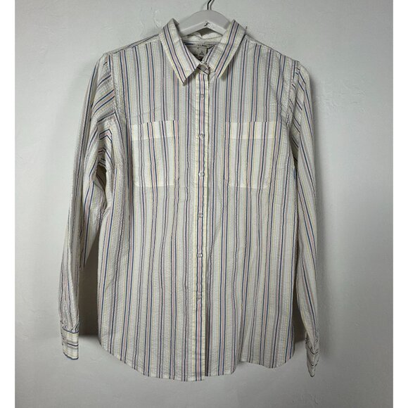 L.L. Bean Womens White Multi Striped Seersucker Button-Up Shirt Large Casual New - Picture 1 of 8